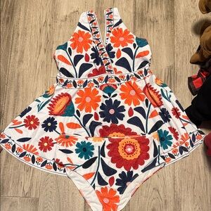 SHEIN Floral Print Swim Dress - Orange, Blue, White